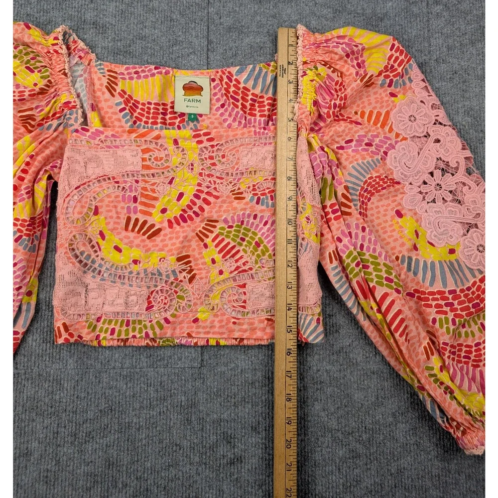 Farm Rio Dotted Bananas Blouse Womens Small Coastal Resort Boho Embroidered Lace
